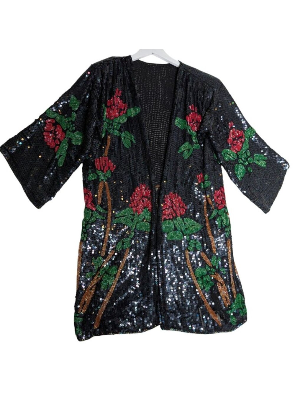 Vintage Black Sequin Kimono Floral & Flamingo Beaded Embroidery Open Front One S - Picture 10 of 15